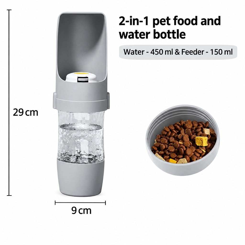 Grey 2-in-1 pet food and water bottle on a white background, showing 29 cm height, 9 cm width, 450 ml water capacity and 150 ml food capacity.