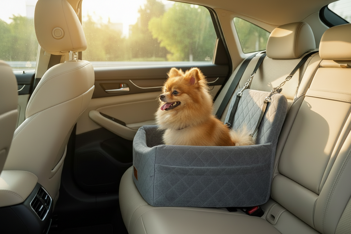 Dog sitting in car seat booster