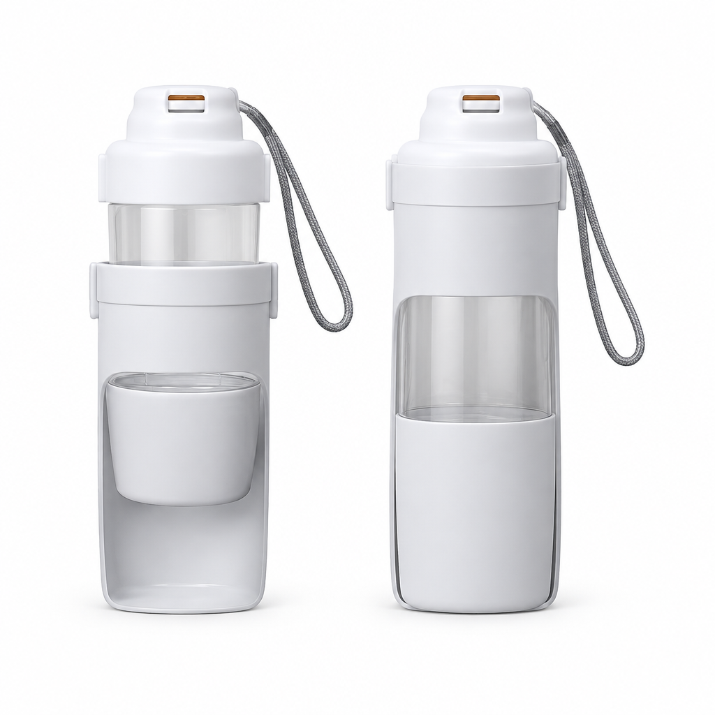 Two views of a light grey pet food and water bottle with wrist straps, arranged side by side on a white background.