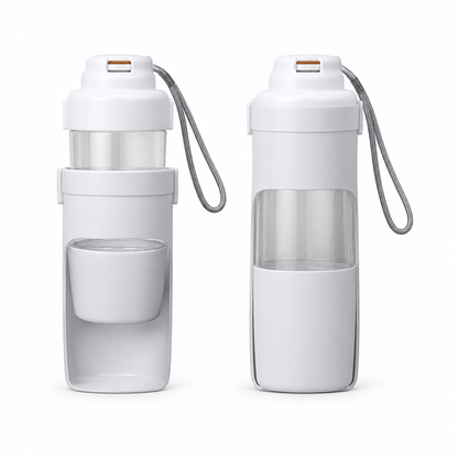 Two views of a light grey pet food and water bottle with wrist straps, arranged side by side on a white background.