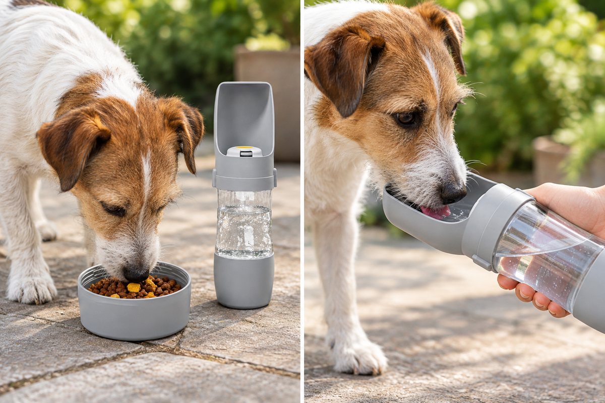 Lifestyle illustration showing a dog eating from the food compartment and drinking from the grey 2-in-1 pet bottle in two outdoor scenes.